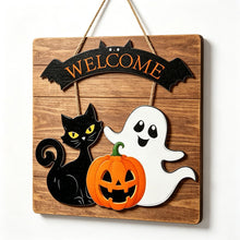 Halloween Welcome Black Cat Ghost Wooden Hanging Sign 12inch