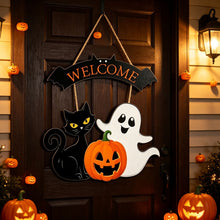 Halloween Welcome Black Cat Ghost Wooden Hanging Sign 12inch