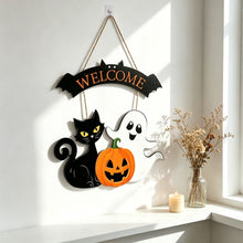 Halloween Welcome Black Cat Ghost Wooden Hanging Sign 12inch