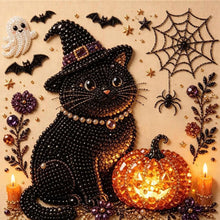 Halloween Witch Cat Rhinestone Pearl Painting Wall Art 20x20cm