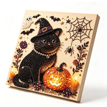 Halloween Witch Cat Rhinestone Pearl Painting Wall Art 20x20cm