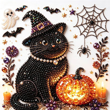 Halloween Witch Cat Rhinestone Pearl Painting Wall Art 20x20cm