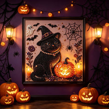 Halloween Witch Cat Rhinestone Pearl Painting Wall Art 20x20cm