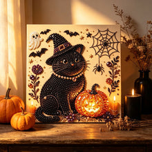 Halloween Witch Cat Rhinestone Pearl Painting Wall Art 20x20cm