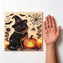 Halloween Witch Cat Rhinestone Pearl Painting Wall Art 20x20cm