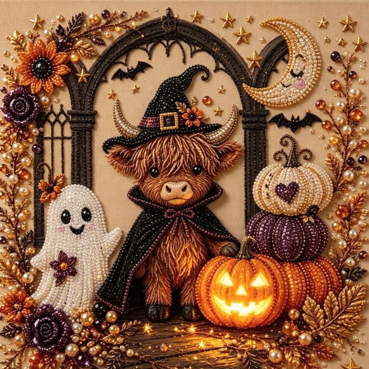 Halloween Witch Highland Cow Rhinestone Pearl Painting Wall Art 20x20cm