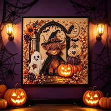 Halloween Witch Highland Cow Rhinestone Pearl Painting Wall Art 20x20cm