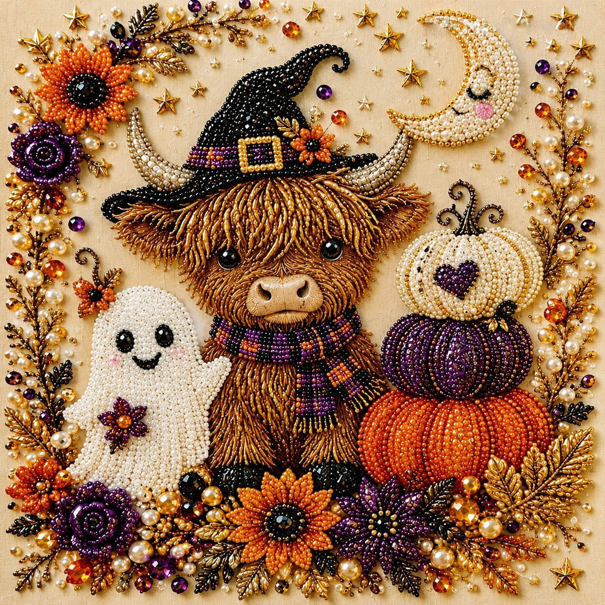DIY Halloween Diamond Painting Art Kit, Highland Cow Ghost Pumpkin Pearl Bead Painting 20×20cm, Pre‑Stretched Canvas Frame, Plastic Sealed Package with Complete Tool Accessories