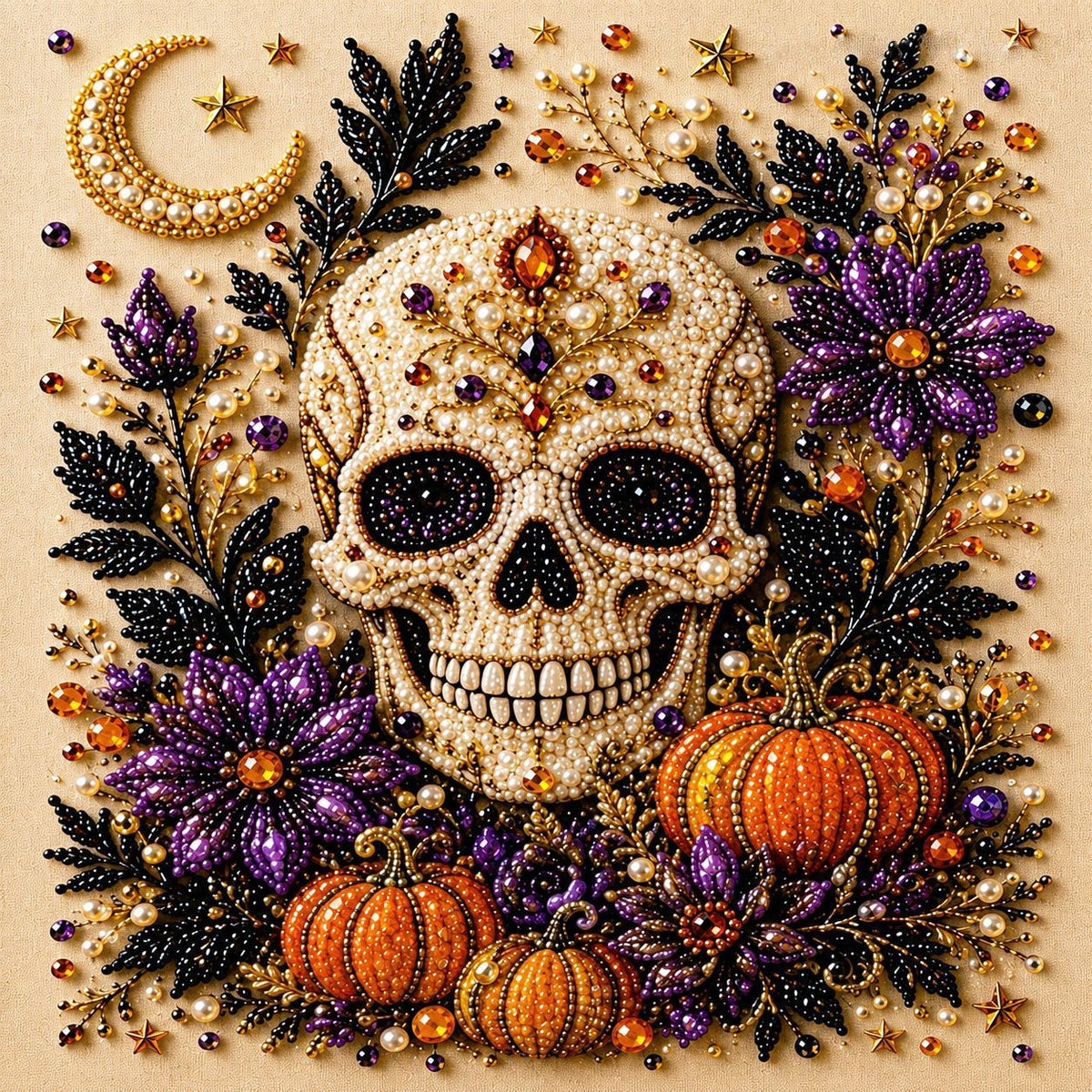 DIY Halloween Skull Pumpkin Diamond Painting Kit, Pearl Bead Art 20×20cm, Pre‑Stretched Inner Frame, Plastic Sealed Package with Full Set Craft Tools
