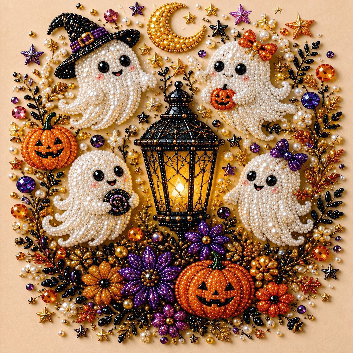 DIY Halloween Cute Ghost Lantern Diamond Painting Kit, Pearl Bead Art 20×20cm, Pre‑Stretched Inner Frame, Plastic Sealed Package with Full Set Craft Tools