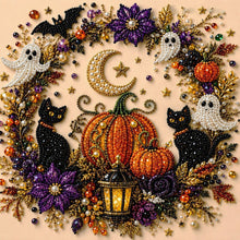 DIY Halloween Wreath‑Style Black Cat Diamond Painting Kit, Pearl Bead Art 20×20cm, Pre‑Stretched Inner Frame, Plastic Sealed Package with Full Set Craft Tools