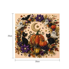 DIY Halloween Wreath‑Style Black Cat Diamond Painting Kit, Pearl Bead Art 20×20cm, Pre‑Stretched Inner Frame, Plastic Sealed Package with Full Set Craft Tools