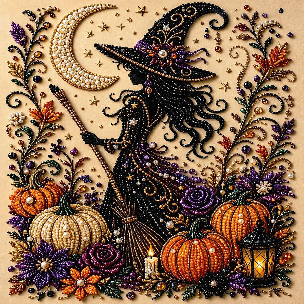 DIY Halloween Witch Pumpkin Diamond Painting Kit, Pearl Bead Art 20×20cm, Pre‑Stretched Inner Frame, Plastic Sealed Package with Full Set Craft Tools
