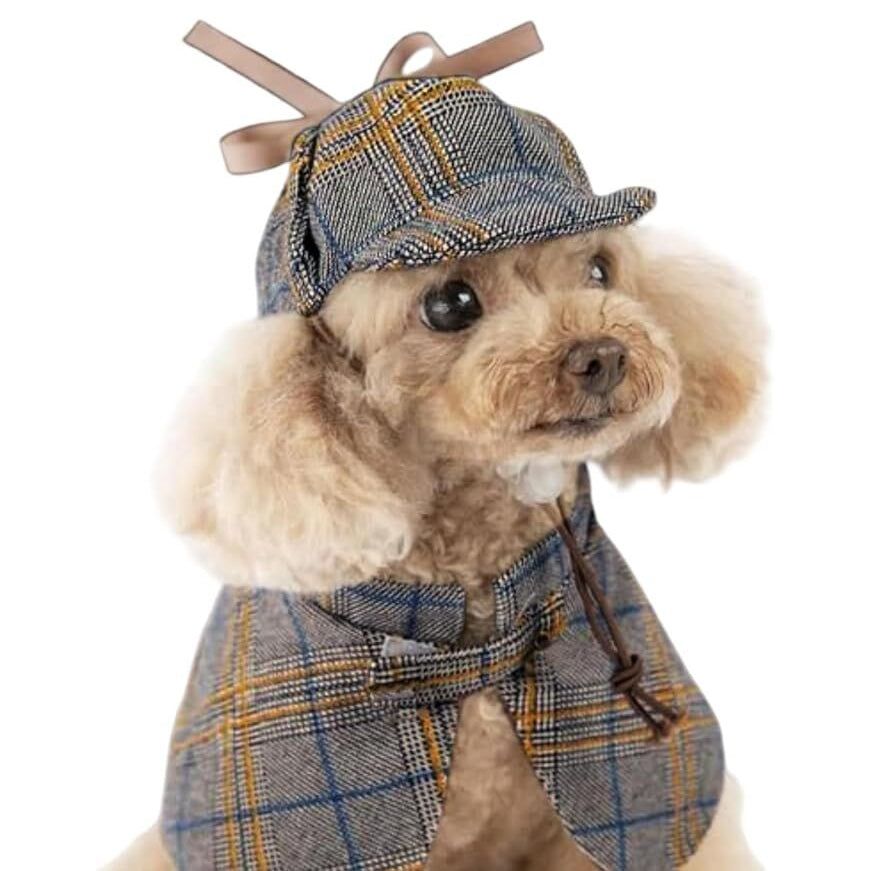 Dog Costume Cute Detective Pet Clothes Set Halloween Cosplay Party Outfit Winter Fashion Cape Cloak Hat For Small Medium & Cat Kitten Grey