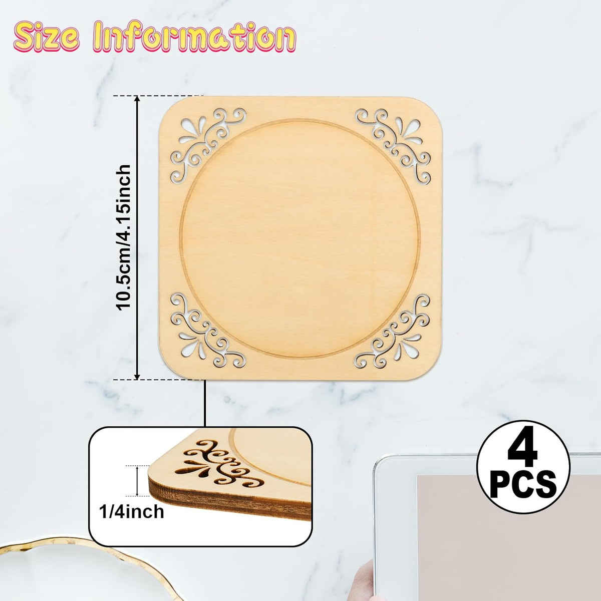4 Pcs Unfinished Wood Coasters, 4 Inch Square Blank Coaster with Non Slip Pad for DIY Stained Painting Wood Engraving Wedding Halloween Christmas Home Decoration (Square)