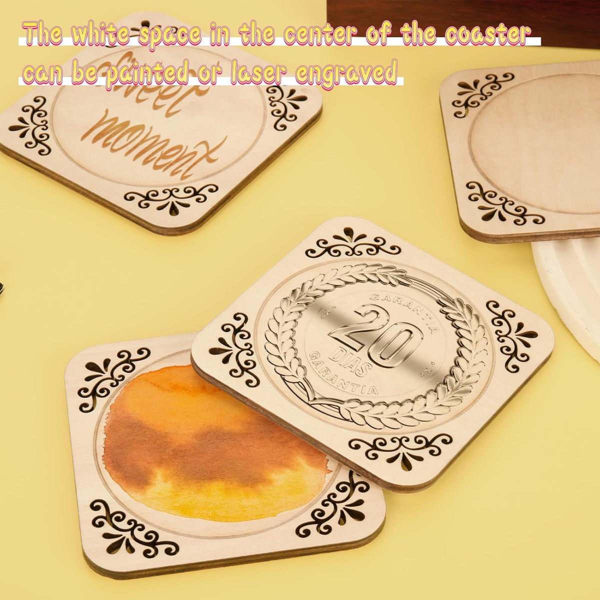 4 Pcs Unfinished Wood Coasters, 4 Inch Square Blank Coaster with Non Slip Pad for DIY Stained Painting Wood Engraving Wedding Halloween Christmas Home Decoration (Square)