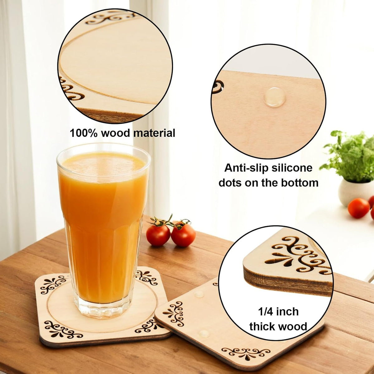 4 Pcs Unfinished Wood Coasters, 4 Inch Square Blank Coaster with Non Slip Pad for DIY Stained Painting Wood Engraving Wedding Halloween Christmas Home Decoration (Square)