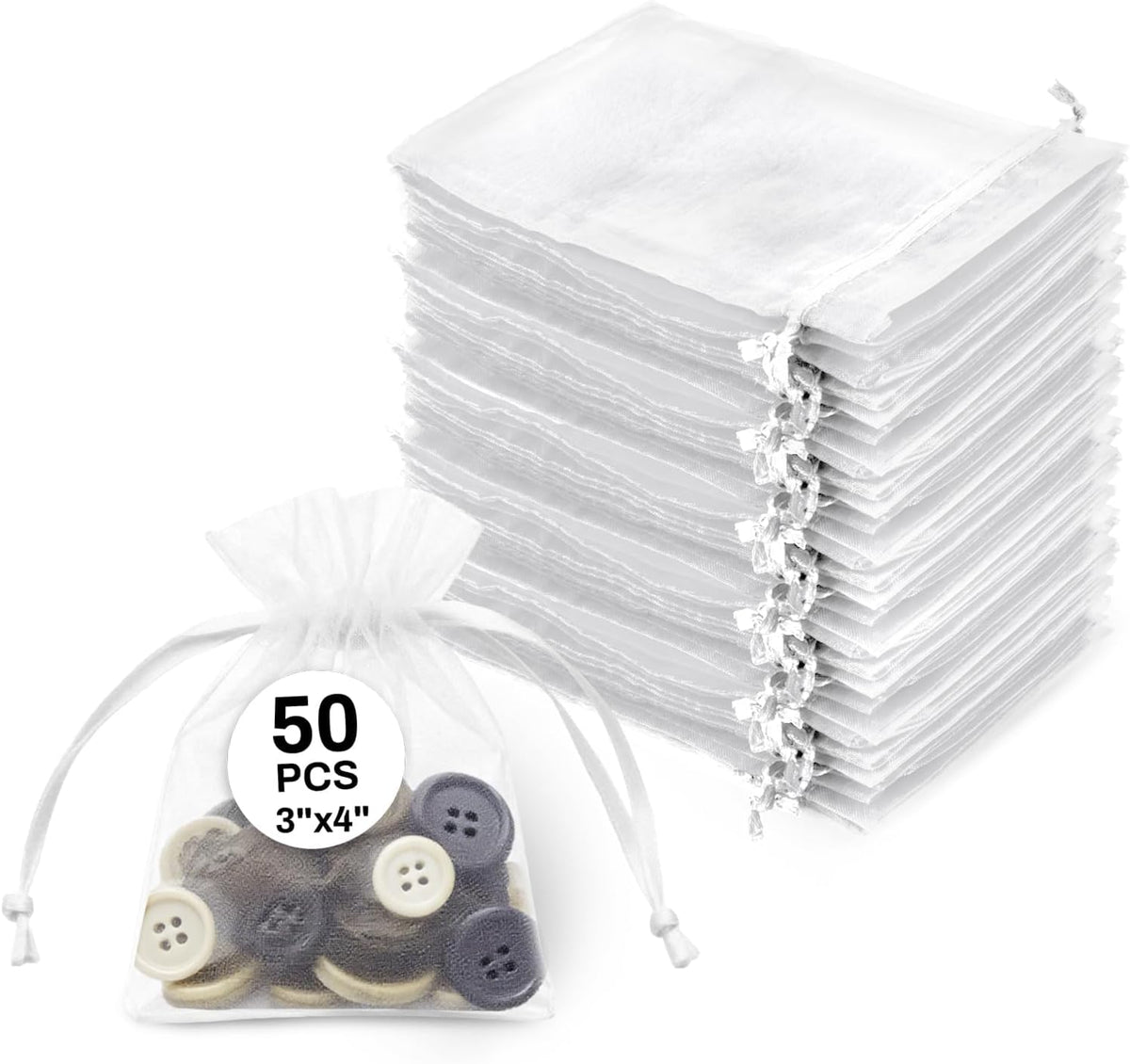 50 White Organza Bags 3''x4'' - Small Organza Sachet Jewelry Gift Favor Bags Drawstring Mesh Valentines Wedding Eid Mubarak Halloween Eve Christmas New Year Party Candy Fruit Wrap Bulk
