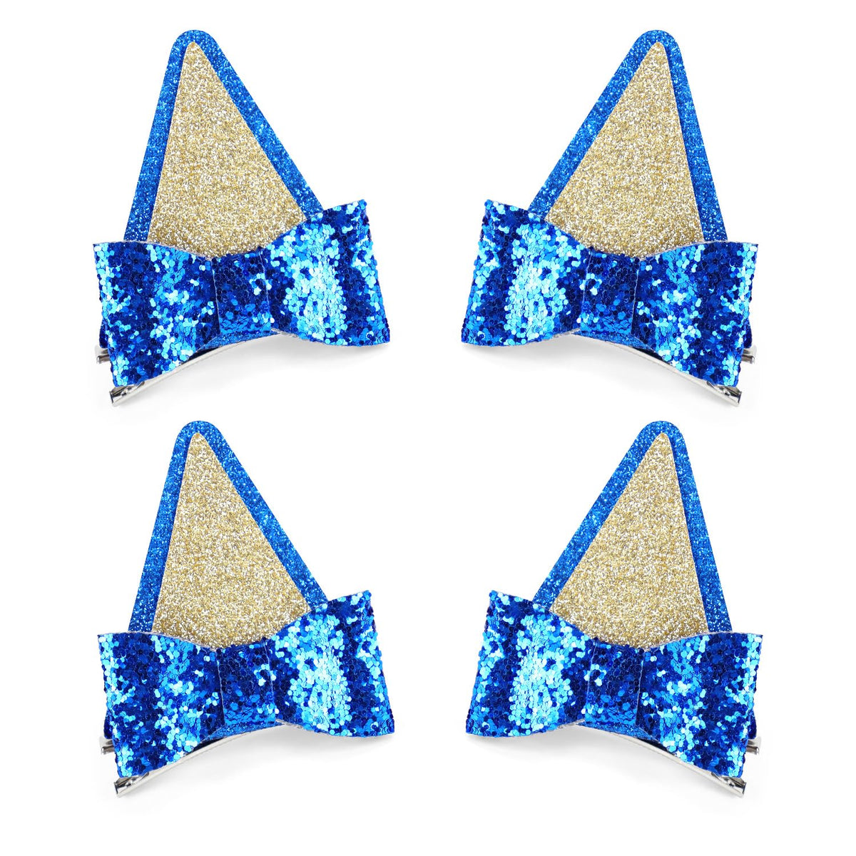 2 Pairs Blue Ears Hair Clips with Bows Glitter Hair Barrettes for Theme Party Supplies Cosplay Halloween Costume Birthday Decorations