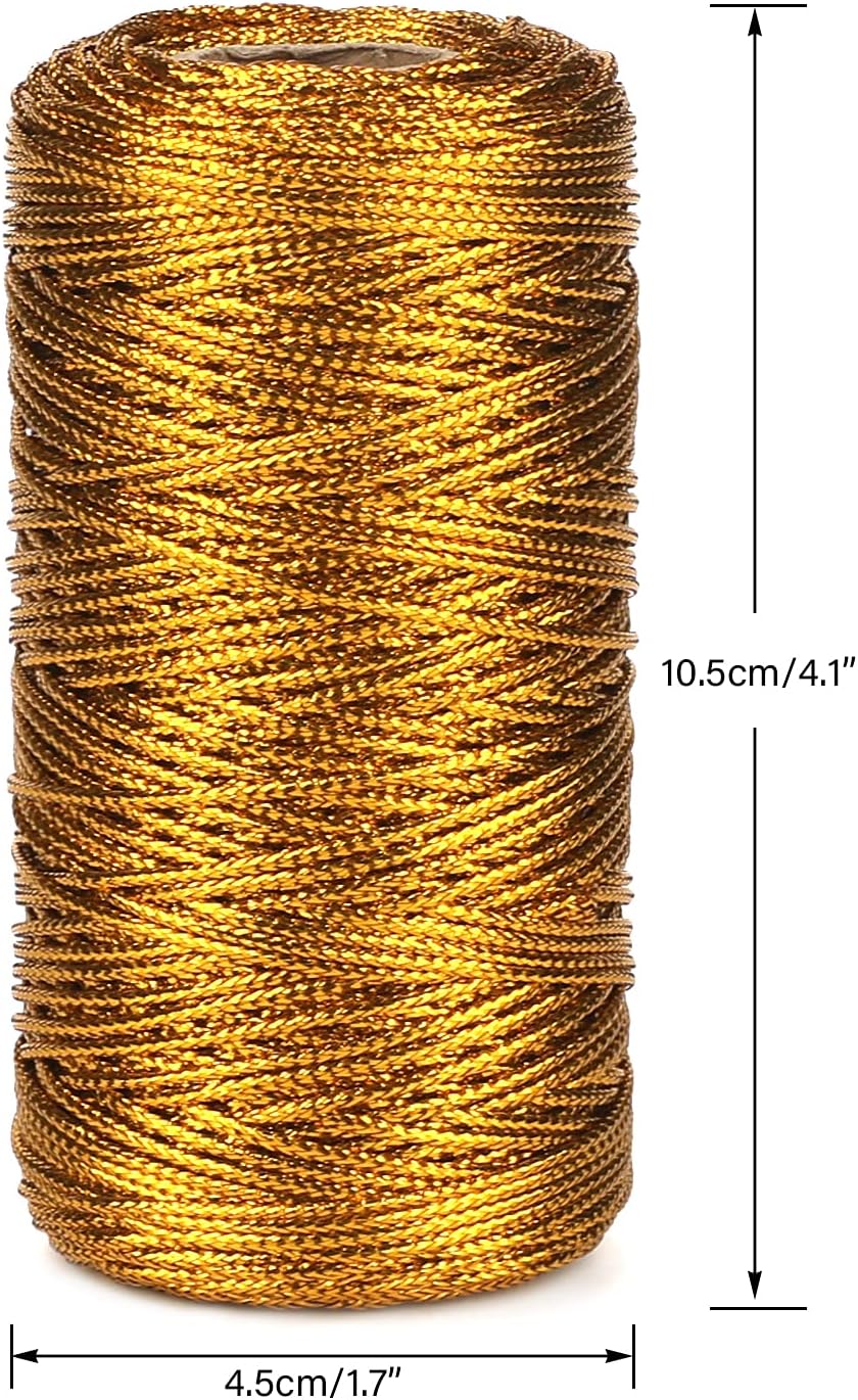 328 Feet Gold String Twine - 1.5mm Metallic Thread Gift Wrapping - 16Ply Inelastic Macrame Glitter Gold Cord for Christmas Halloween Crafting DIY Presents Wrapping Decoration