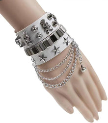 2-Piece Punk Rock Bracelet Set Studded Leather Cuff Bracelets with Metal Skull Adjustable Wrap Wrist Cuffs Vintage 80s Emo Goth Jewelry Accessories for Halloween Concerts and Festival Outfit