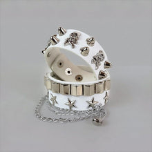 2-Piece Punk Rock Bracelet Set Studded Leather Cuff Bracelets with Metal Skull Adjustable Wrap Wrist Cuffs Vintage 80s Emo Goth Jewelry Accessories for Halloween Concerts and Festival Outfit