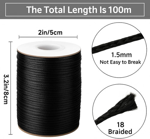 1.5MM Black Nylon String - 110Yards Wind Chime String Weather Resistant Nylon Cord Black Nylon Bracelets String Beading Thread Macrame Trim Cord for Necklace Jewelry Making Craft Halloween