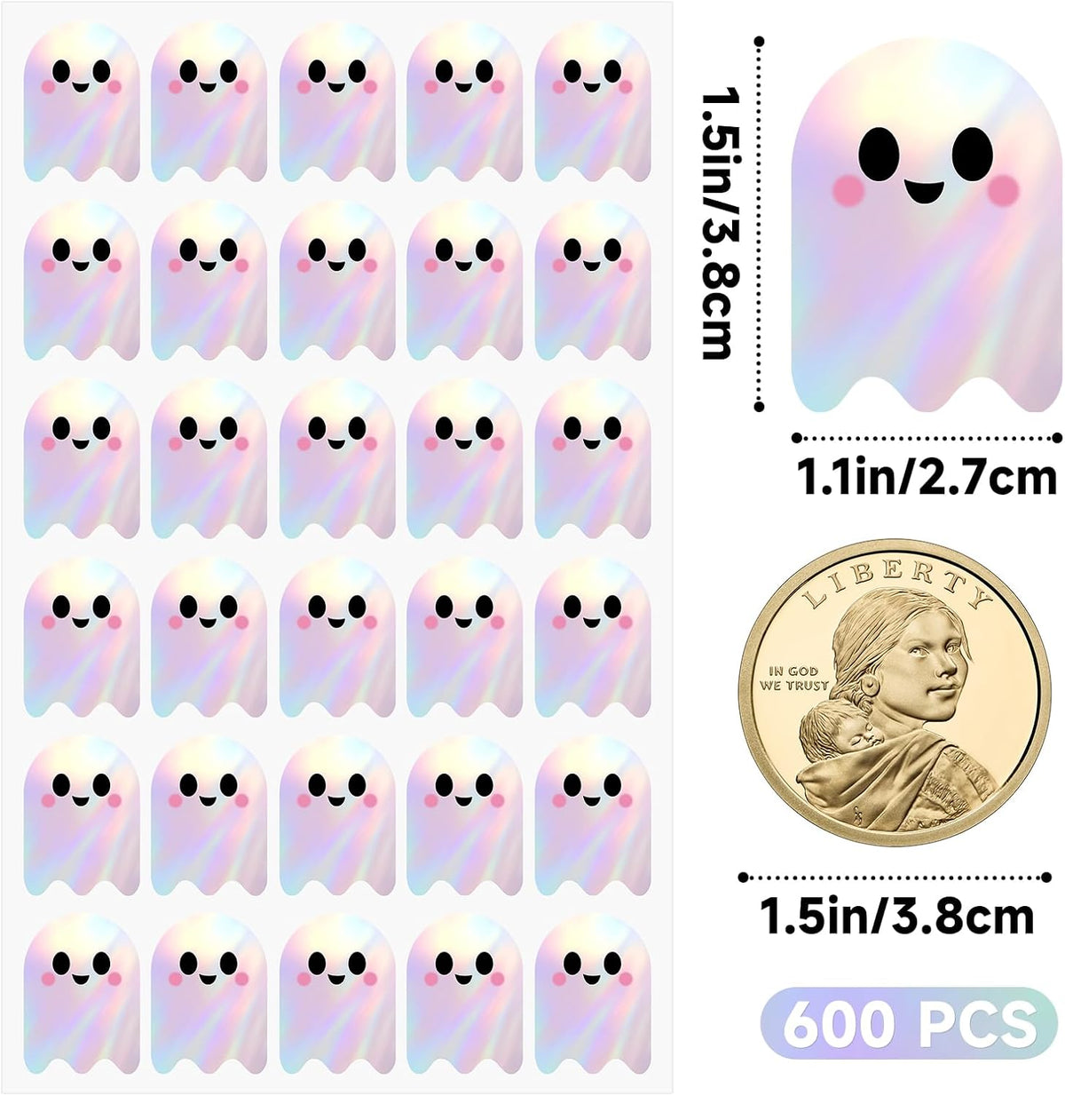 600Pcs Halloween Ghost Stickers - Cute Halloween Stickers Holographic Happy Halloweens Party Favor Sticker Self Adhesive Ghost Face Label Sticker for Envelope Seal Card Halloweens Decor