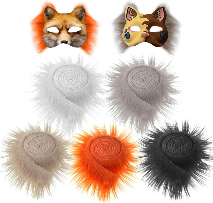 (5-Pack) Faux Fur Strips for Therian & Furry Mask Making – 2" x 60" Colored Dense Fur Fabric Rolls for Cosplay, Halloween Decorations, Craft DIY Projects (White, Black, Gray, Khaki, Orange)