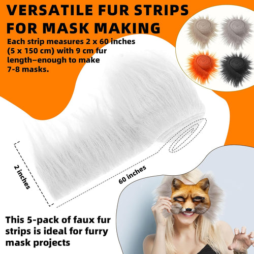 (5-Pack) Faux Fur Strips for Therian & Furry Mask Making – 2" x 60" Colored Dense Fur Fabric Rolls for Cosplay, Halloween Decorations, Craft DIY Projects (White, Black, Gray, Khaki, Orange)