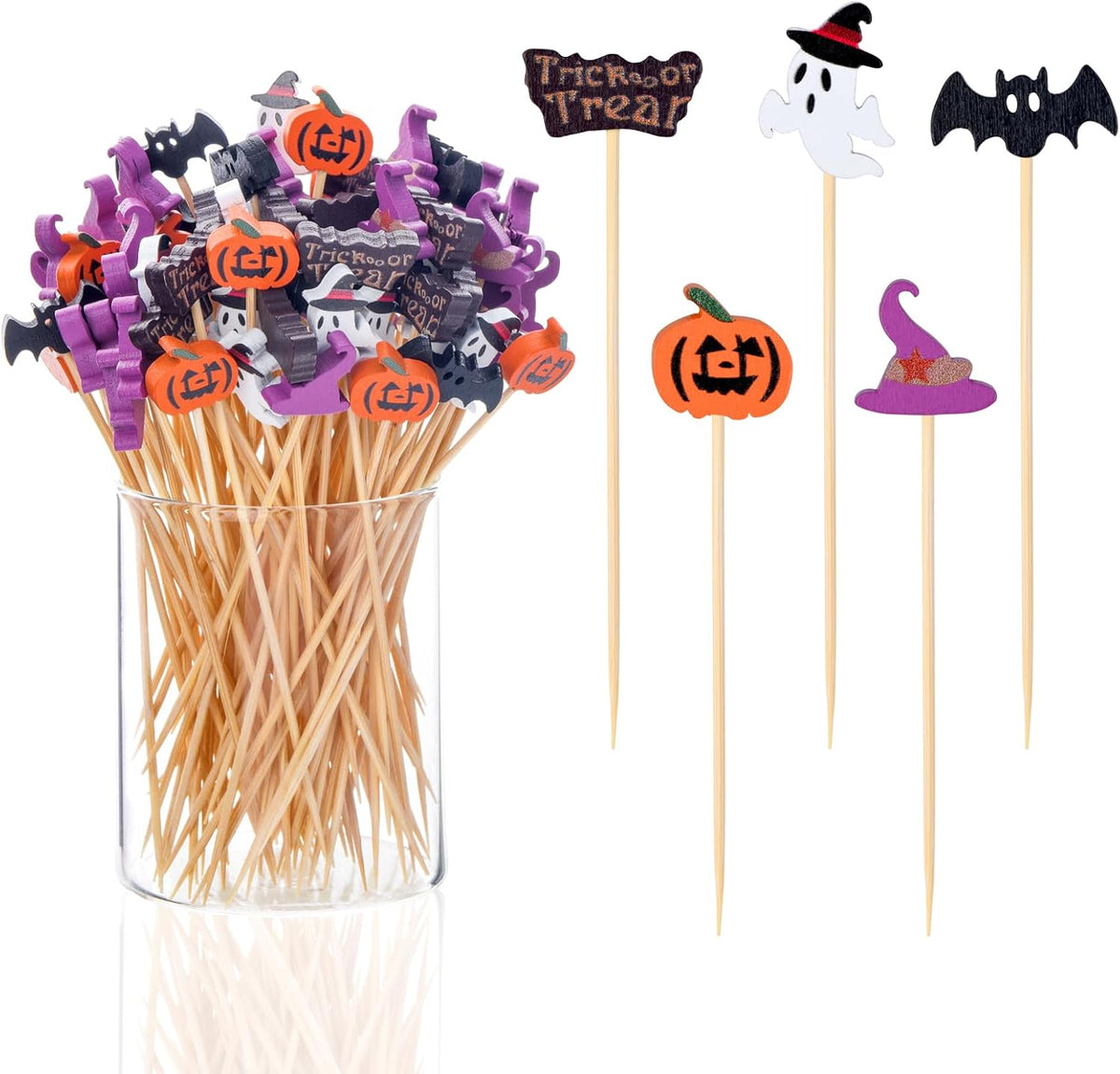 100 Pack Halloween Toothpicks for Appetizers, 4.7 Inch Natural Bamboo Cocktail Picks for Cake Dessert Food Fruit Halloween Party Decorations