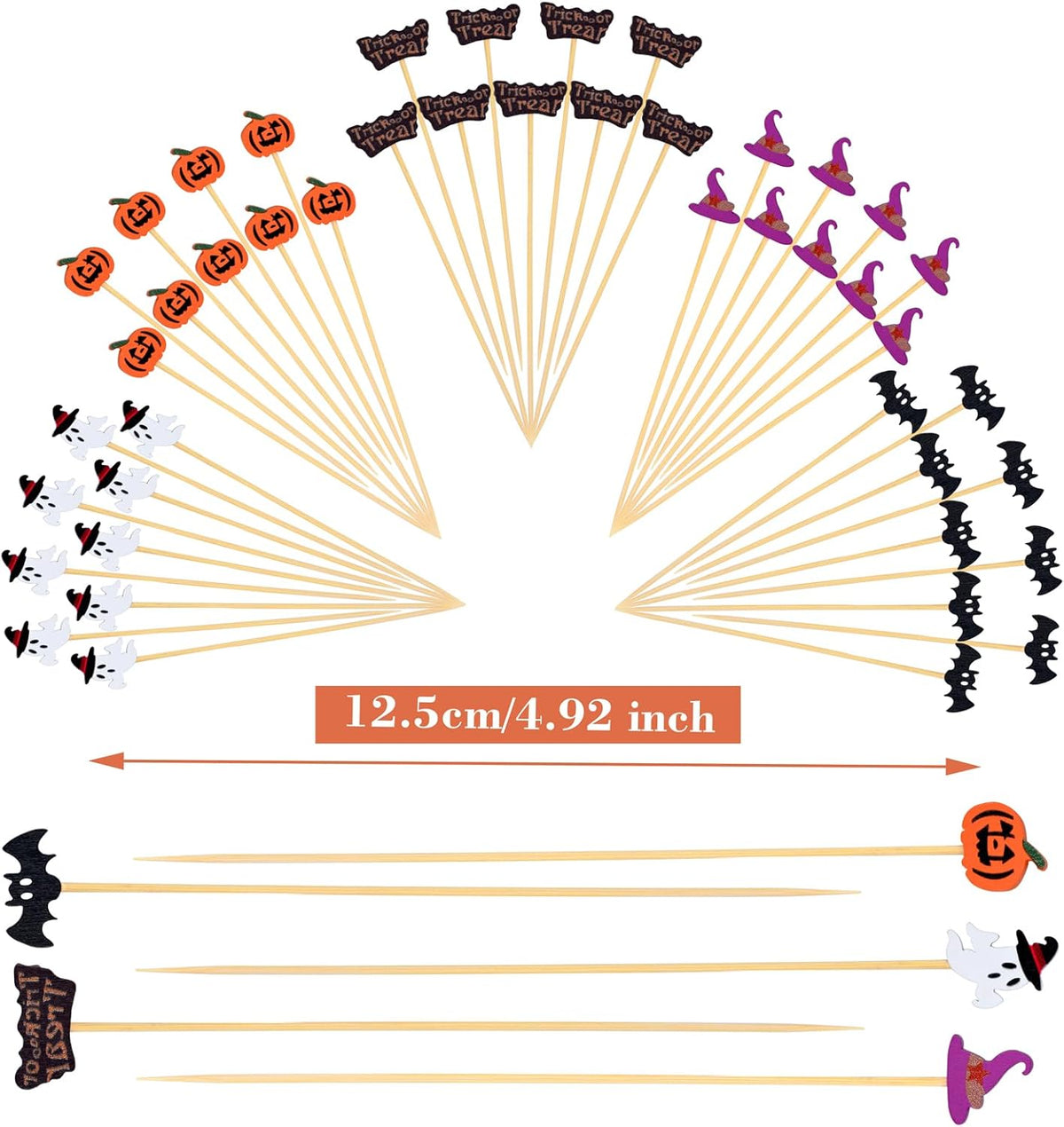 100 Pack Halloween Toothpicks for Appetizers, 4.7 Inch Natural Bamboo Cocktail Picks for Cake Dessert Food Fruit Halloween Party Decorations