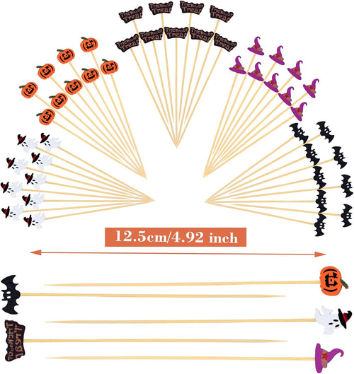 100 Pack Halloween Toothpicks for Appetizers, 4.7 Inch Natural Bamboo Cocktail Picks for Cake Dessert Food Fruit Halloween Party Decorations
