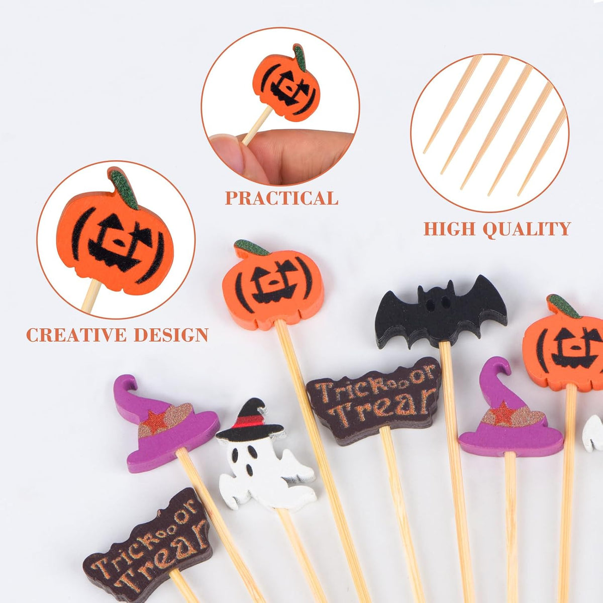 100 Pack Halloween Toothpicks for Appetizers, 4.7 Inch Natural Bamboo Cocktail Picks for Cake Dessert Food Fruit Halloween Party Decorations