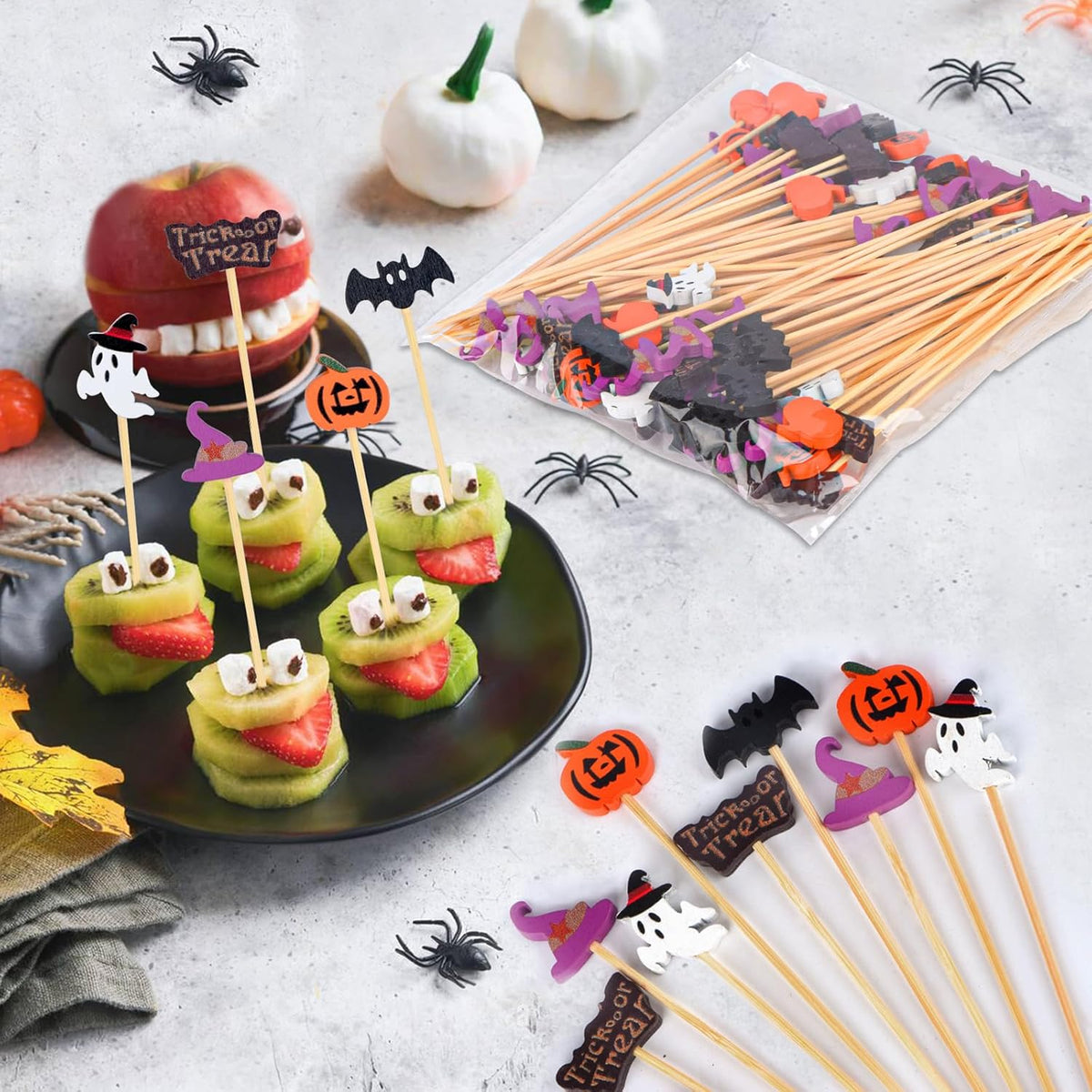 100 Pack Halloween Toothpicks for Appetizers, 4.7 Inch Natural Bamboo Cocktail Picks for Cake Dessert Food Fruit Halloween Party Decorations