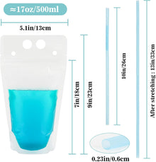 44 Drink Pouches with Straws Individually-Wrapped - 17oz Juice Drink Pouches Adults Alcohol Clear Plastic Halloween Blood Bag Reusable Cocktail Liquor Liquid Smoothie Party Hot Weather Cooling