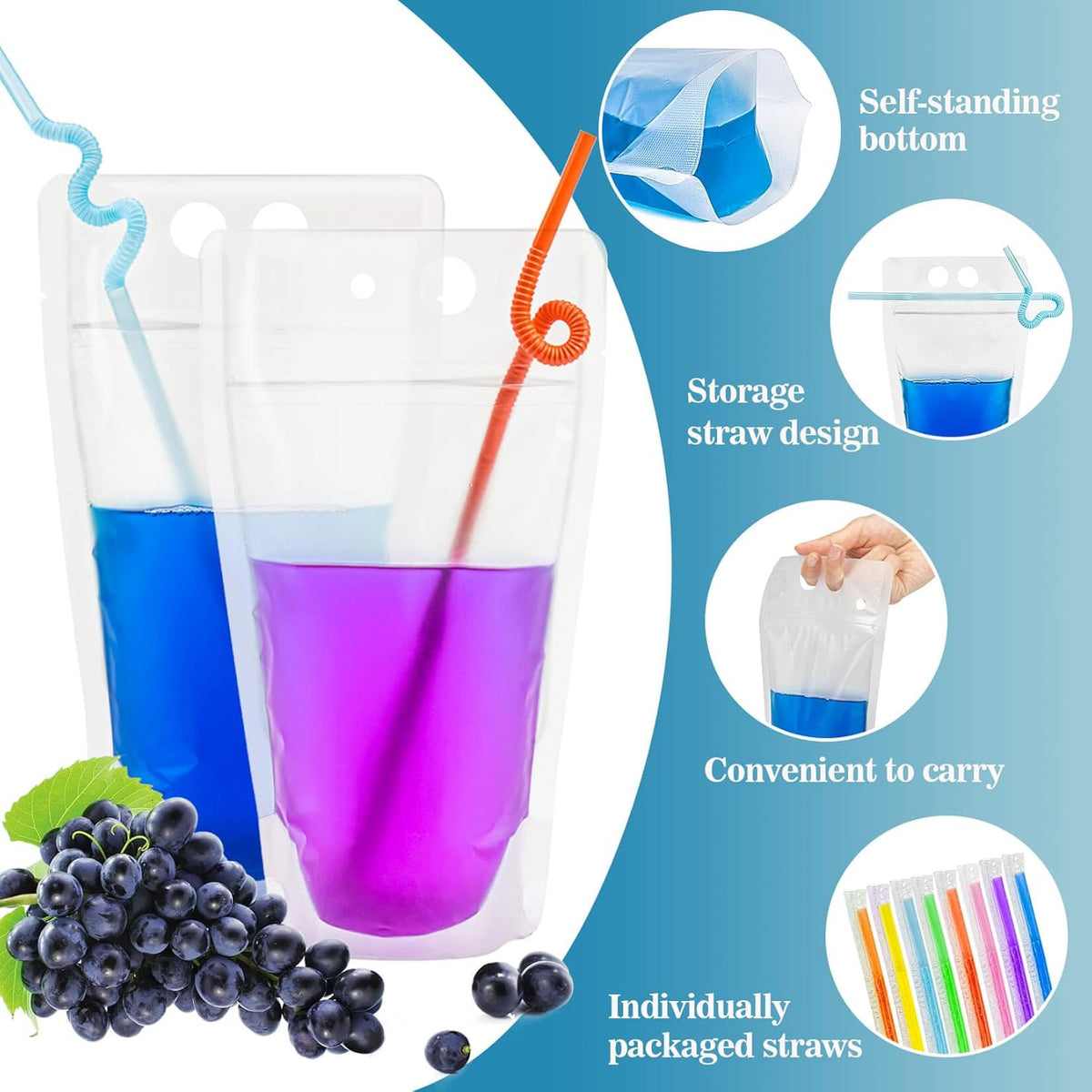 44 Drink Pouches with Straws Individually-Wrapped - 17oz Juice Drink Pouches Adults Alcohol Clear Plastic Halloween Blood Bag Reusable Cocktail Liquor Liquid Smoothie Party Hot Weather Cooling