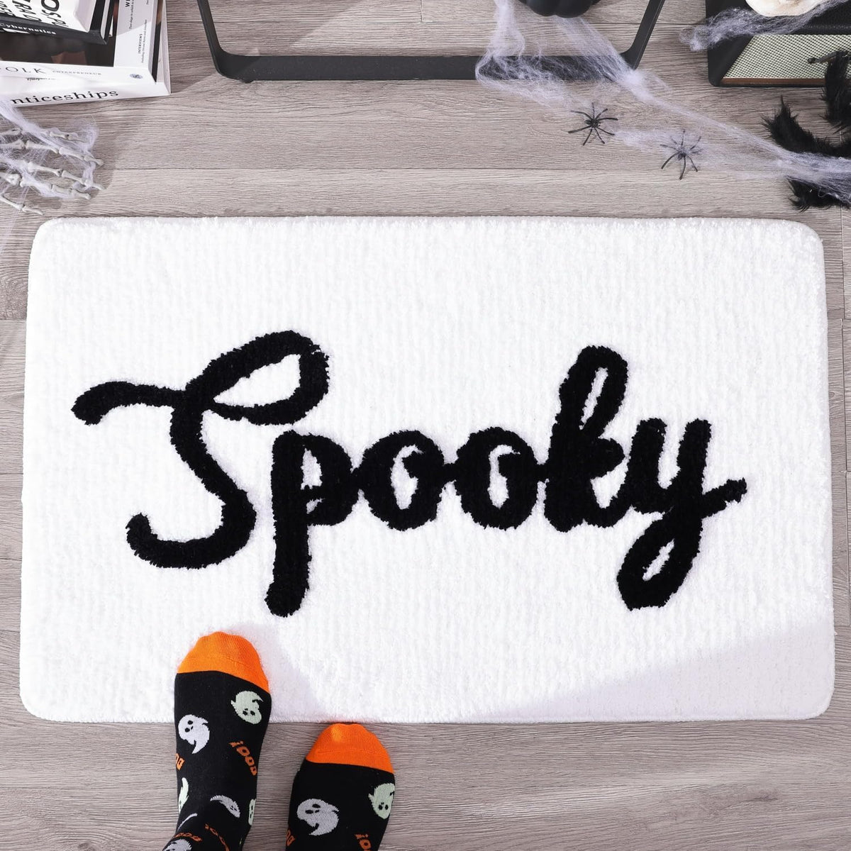 Halloween Bath Mat Cute Spooky White Black Bathroom Decor Rug Non Slip, Spooky Halloween Shower Rugs for Bathroom, Bedroom, Living Home Decoration