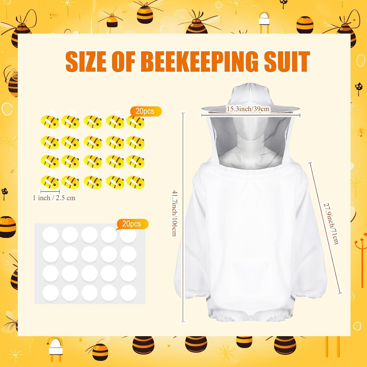 41 Pcs Halloween Beekeeper Costume Set Include 1 Beekeeper Set 20 Felt Bee 20 Round Tape for Cosplay(Large)