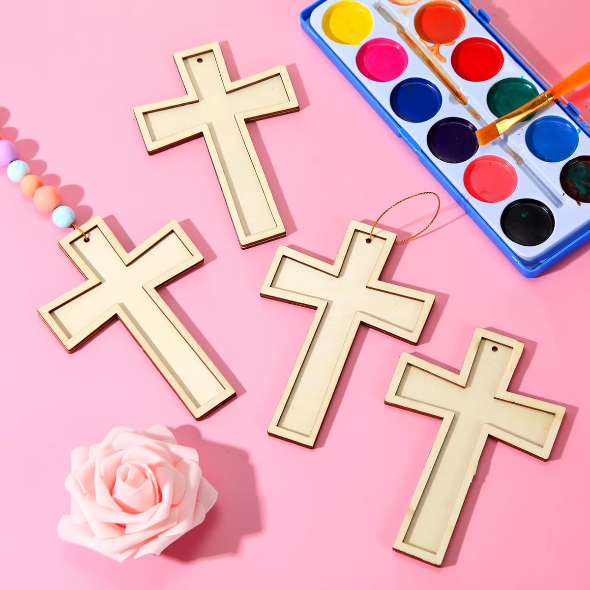 48 Pack Cross Wooden Hanging Ornaments Unfinished Wood Blank Cross Craft with Gold String for Easter Tree Wedding Birthday Halloween Christmas Party Decoration