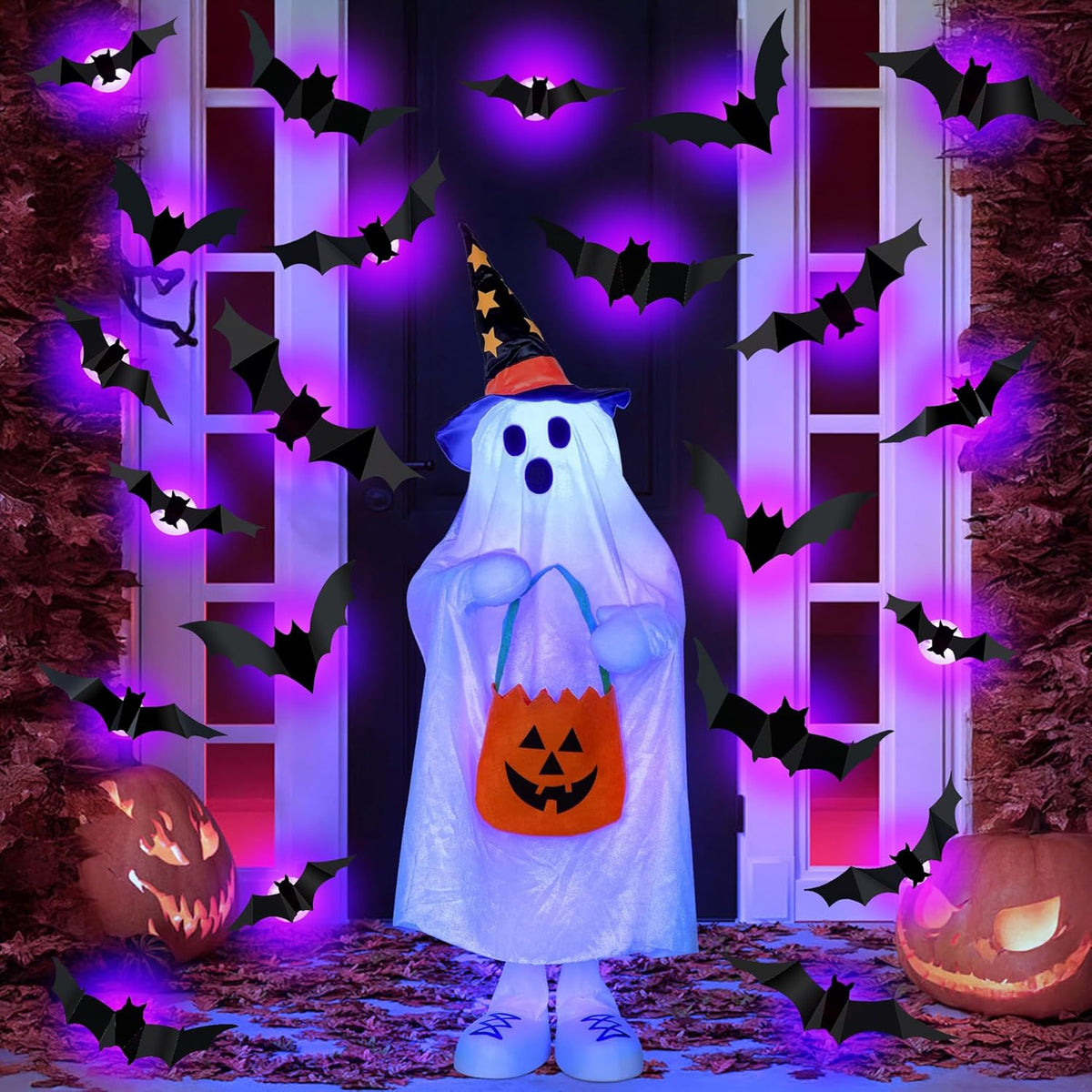 36 PCS LED Purple Lighted 3D Bats Halloween Decoration, 5 Sizes & 4 Shapes Removable PVC Bats Sticker, Waterproof Halloween Bat Wall Decor for Home Indoor Outdoor Bedroom Window Door Wall Party Decor