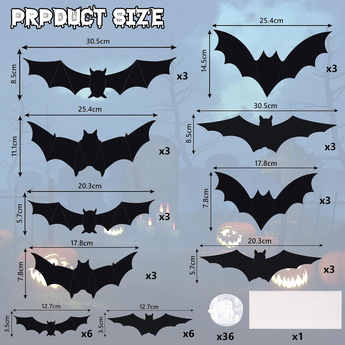 36 PCS LED Purple Lighted 3D Bats Halloween Decoration, 5 Sizes & 4 Shapes Removable PVC Bats Sticker, Waterproof Halloween Bat Wall Decor for Home Indoor Outdoor Bedroom Window Door Wall Party Decor