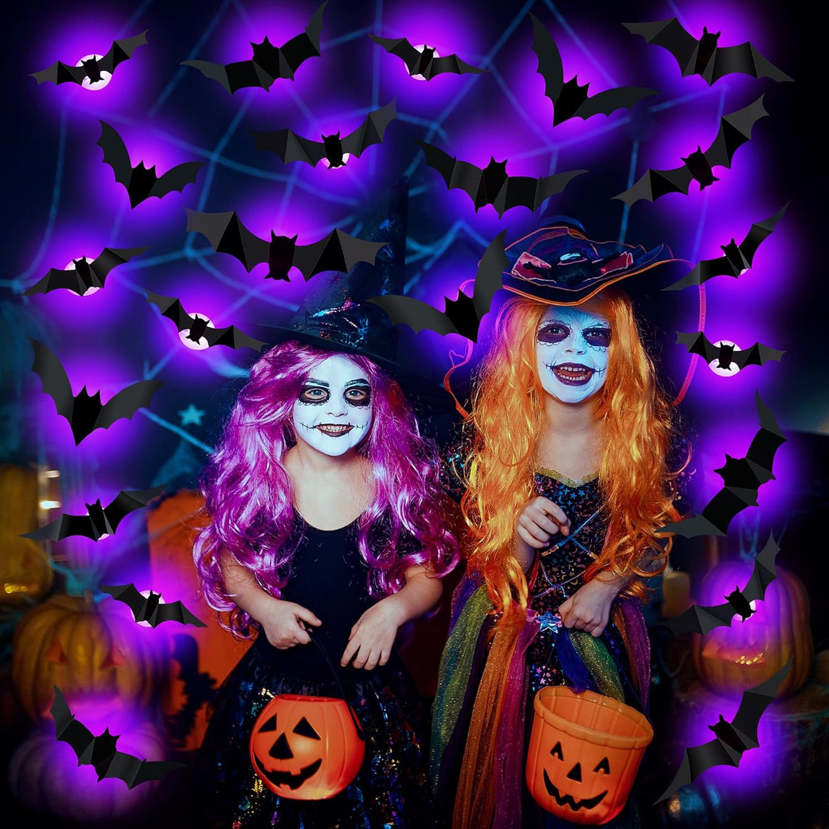 36 PCS LED Purple Lighted 3D Bats Halloween Decoration, 5 Sizes & 4 Shapes Removable PVC Bats Sticker, Waterproof Halloween Bat Wall Decor for Home Indoor Outdoor Bedroom Window Door Wall Party Decor