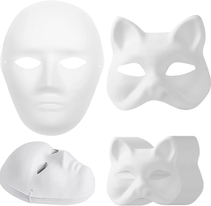 (30+16PCS) Paper Mache Masks & Cat Mask White Blank for Party, Cosplay, Artistic Projects, Theater, Halloween, Masquerade Parties, Classroom Art