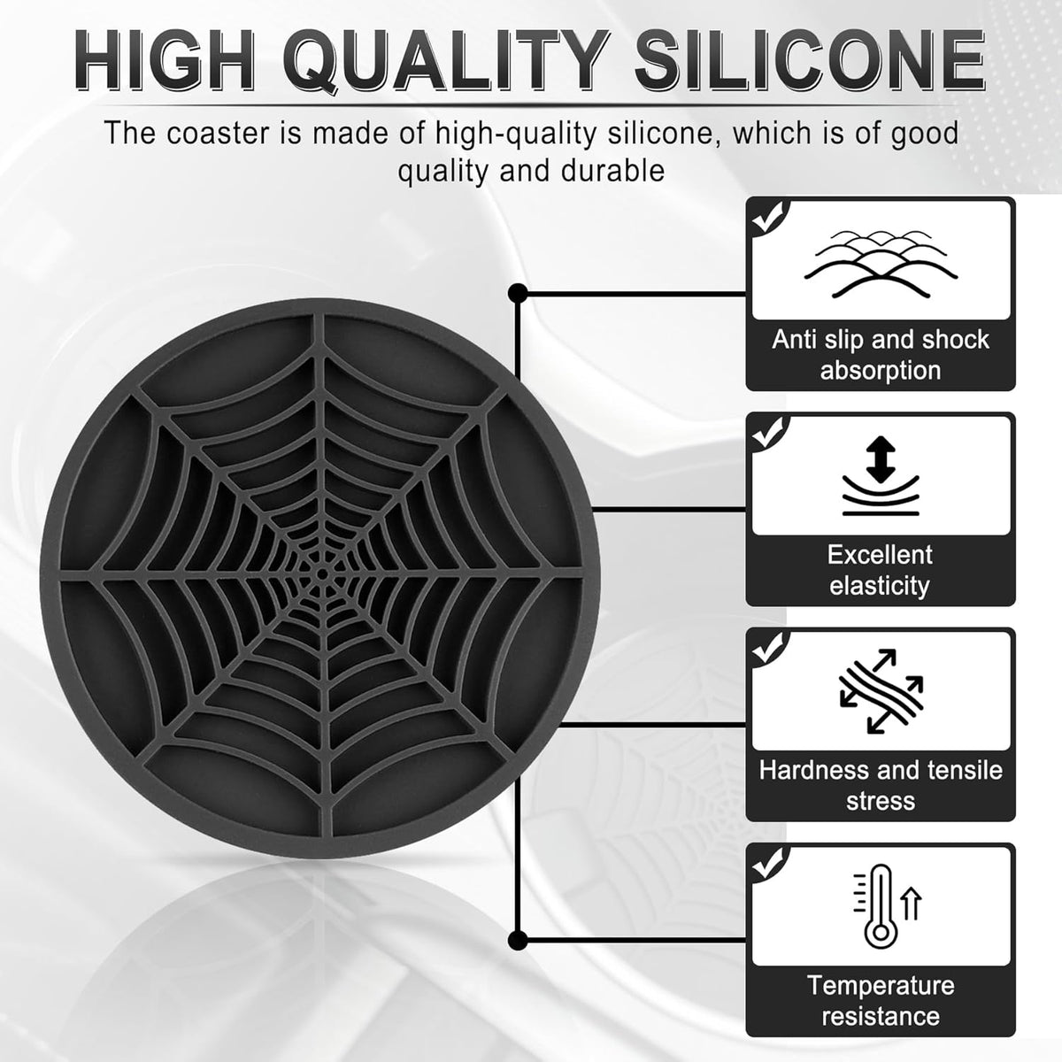 4PCS Spider Web Car Coasters for Cup Holders, Halloween Funny Non-Slip Silicone Insert Ornaments Coasters, Automotive Cupholder Goth Accessories for Men & Women(Black)