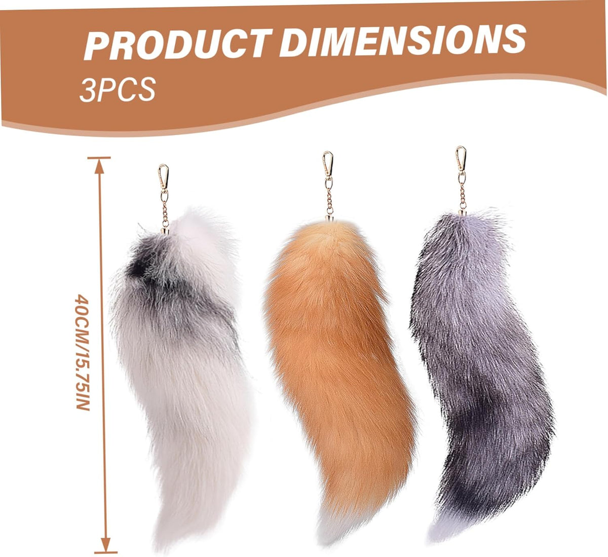 3 Pcs Therian Tail, 15.8 Inch Long Therian Fox Tail with Clasp, Halloween Soft Fluffy Fox Tail Keychain, Hanging Fox Tails for Women Adult Handbag Backpack