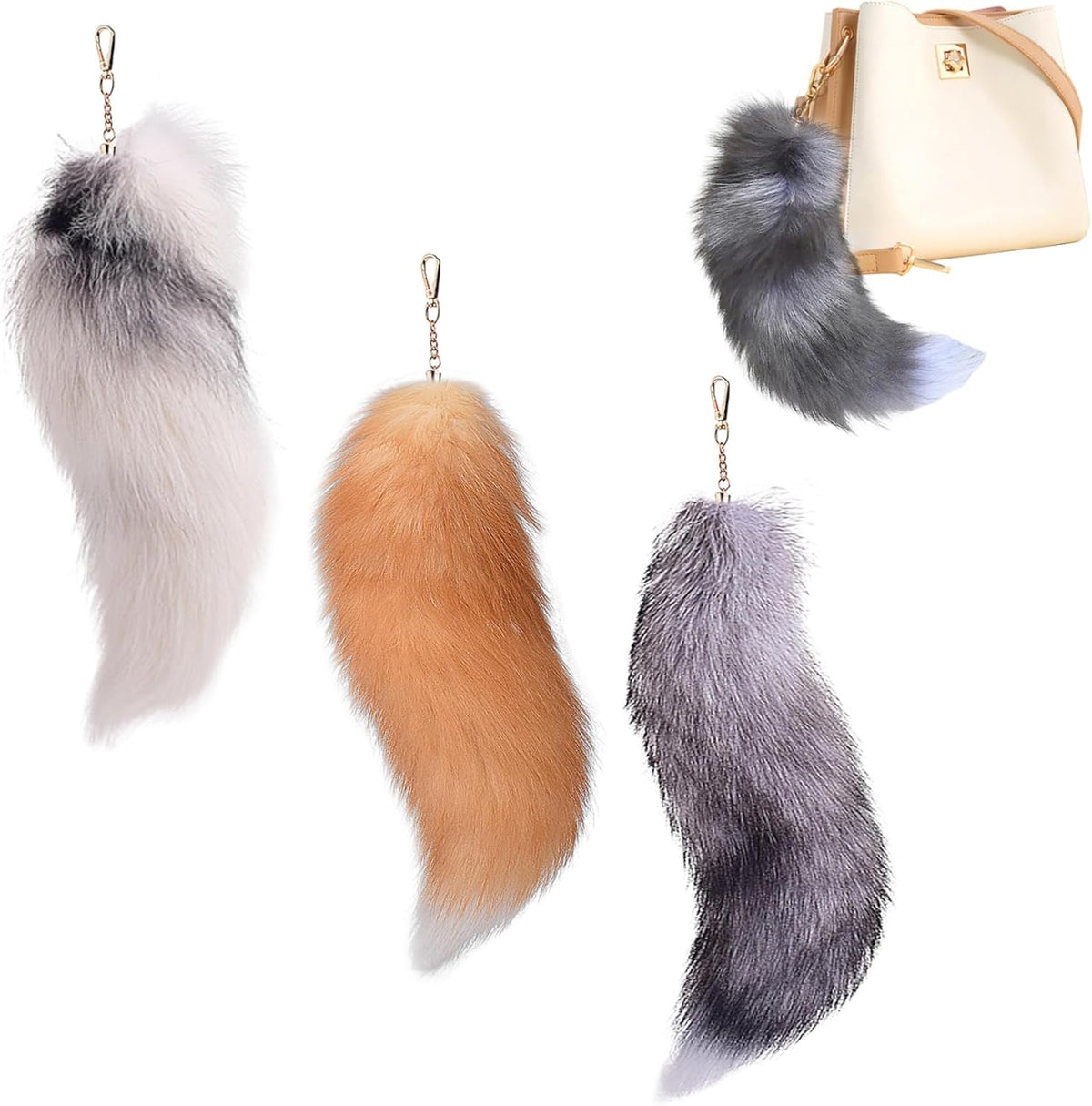 3 Pcs Therian Tail, 15.8 Inch Long Therian Fox Tail with Clasp, Halloween Soft Fluffy Fox Tail Keychain, Hanging Fox Tails for Women Adult Handbag Backpack