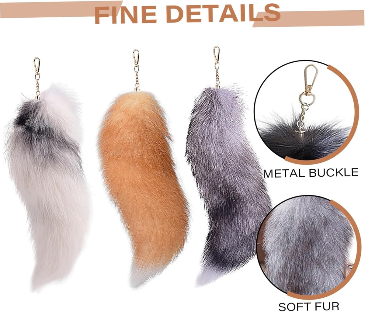 3 Pcs Therian Tail, 15.8 Inch Long Therian Fox Tail with Clasp, Halloween Soft Fluffy Fox Tail Keychain, Hanging Fox Tails for Women Adult Handbag Backpack