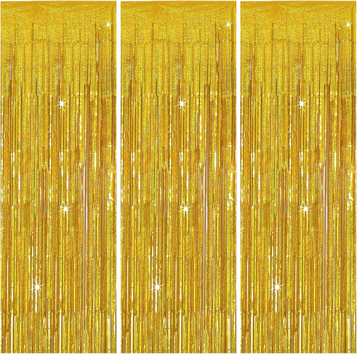 3 Pack Gold Backdrop Birthday Decorations Foil Curtain Streamers Dance Party Photo Booth Props for Bachelorette Christmas Halloween New Years Eve Supplies -