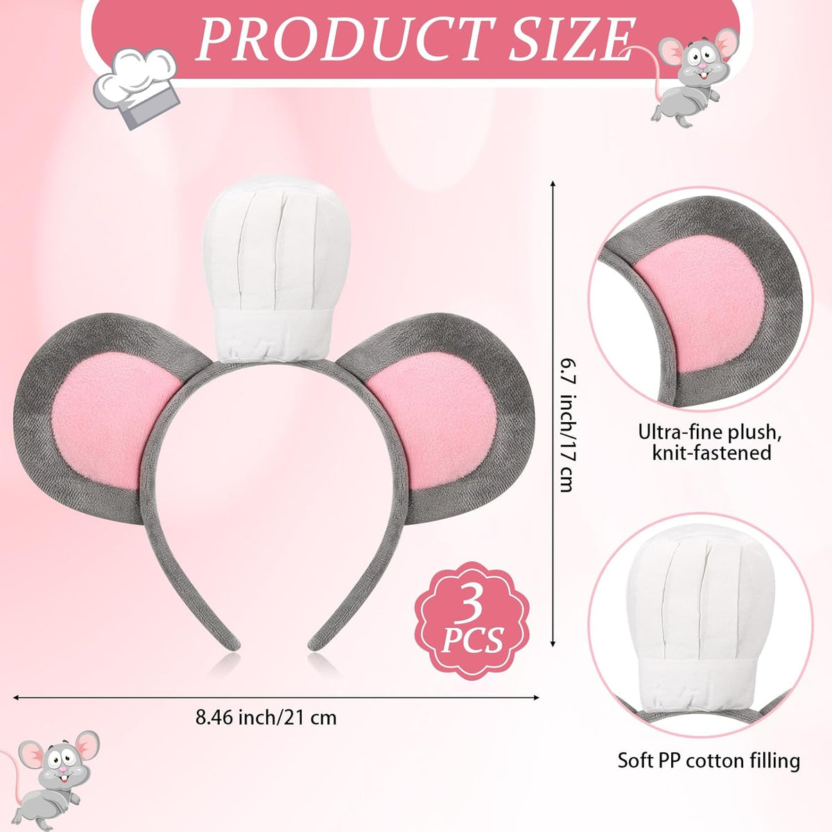 3 Pcs Mouse Headband with Chef Hat Cartoon Costume for Halloween Cosplay Party Decoration -